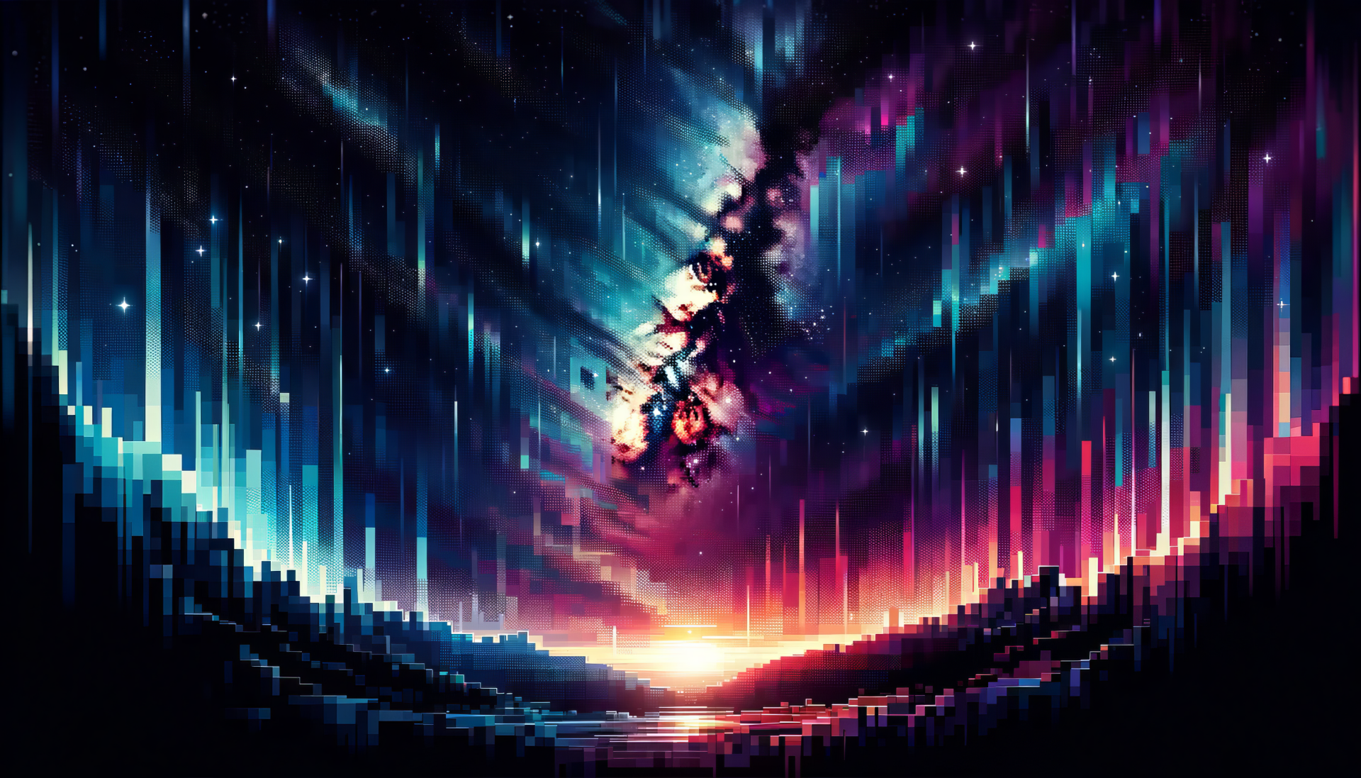 HD desktop wallpaper featuring a vivid starry night with colorful digital aurora effects over a mysterious horizon.