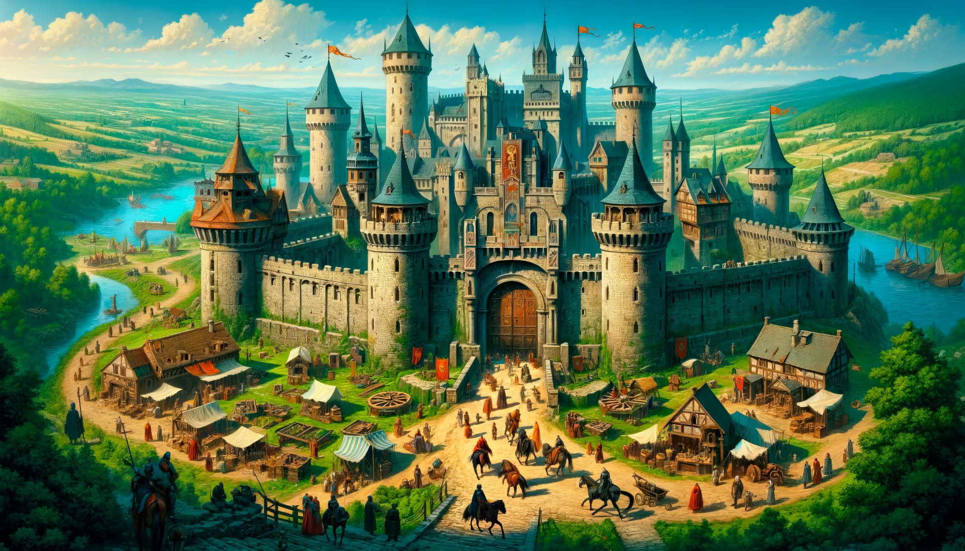 HD desktop wallpaper of a majestic medieval castle with surrounding village and landscape.