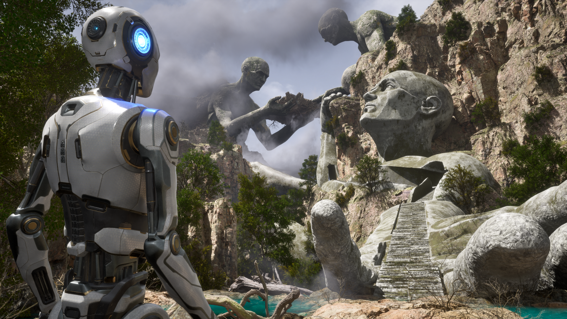 HD wallpaper of The Talos Principle 2 featuring a robot character exploring mysterious ruins with colossal statues.