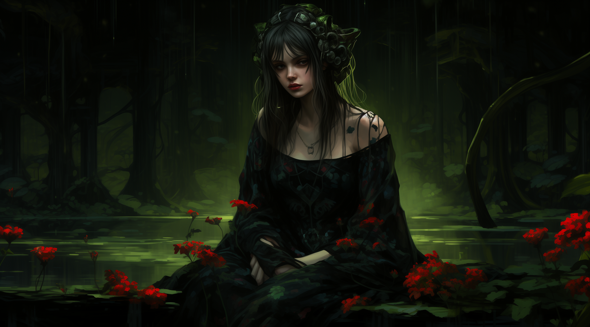 Dark AI art of a mysterious woman in a shadowy forest, surrounded by glowing red flowers, designed as a HD PC desktop wallpaper and background.