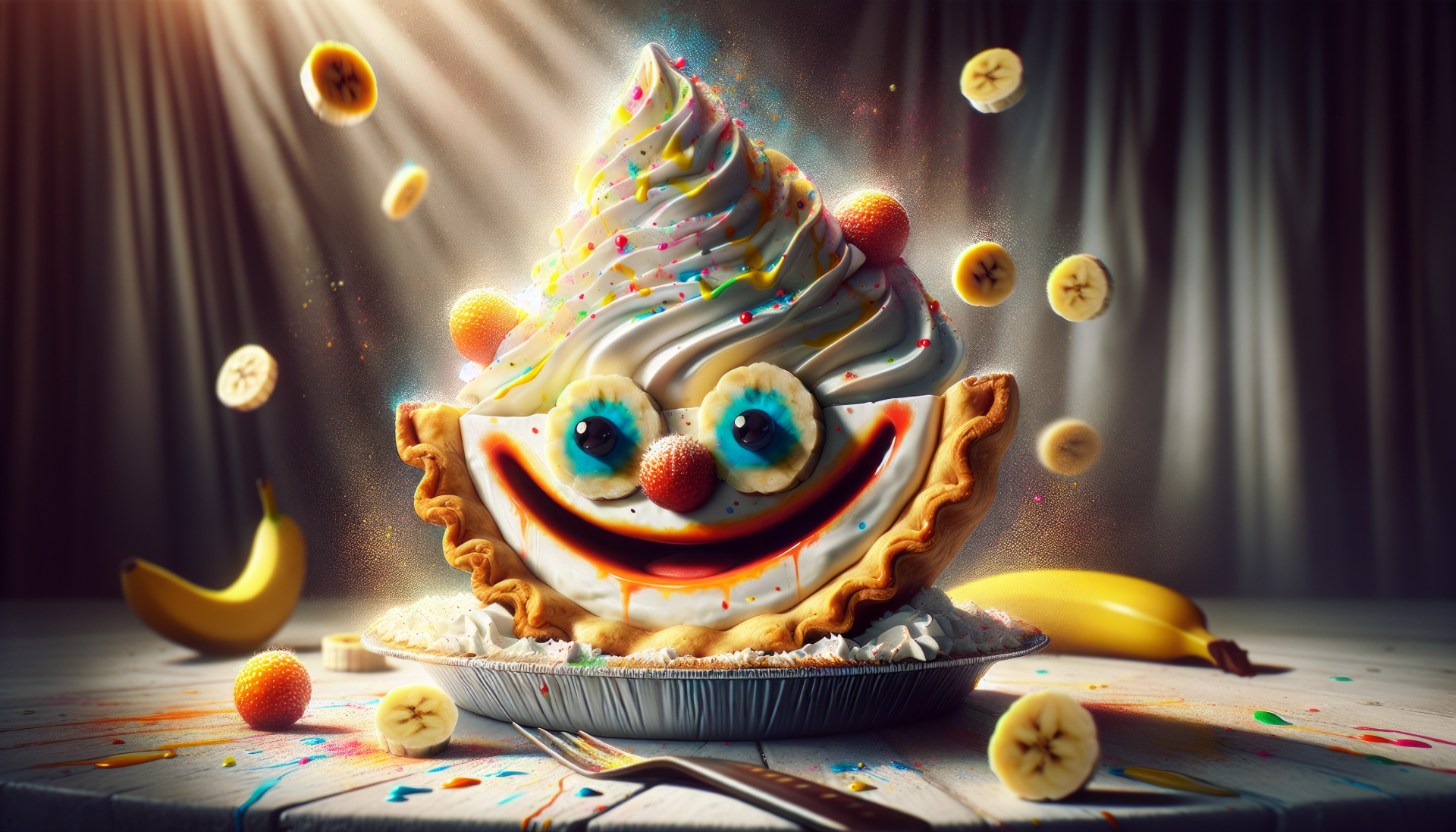 HD desktop wallpaper featuring an animated banana cream pie with a whimsical face and flying slices of banana against a festive backdrop.