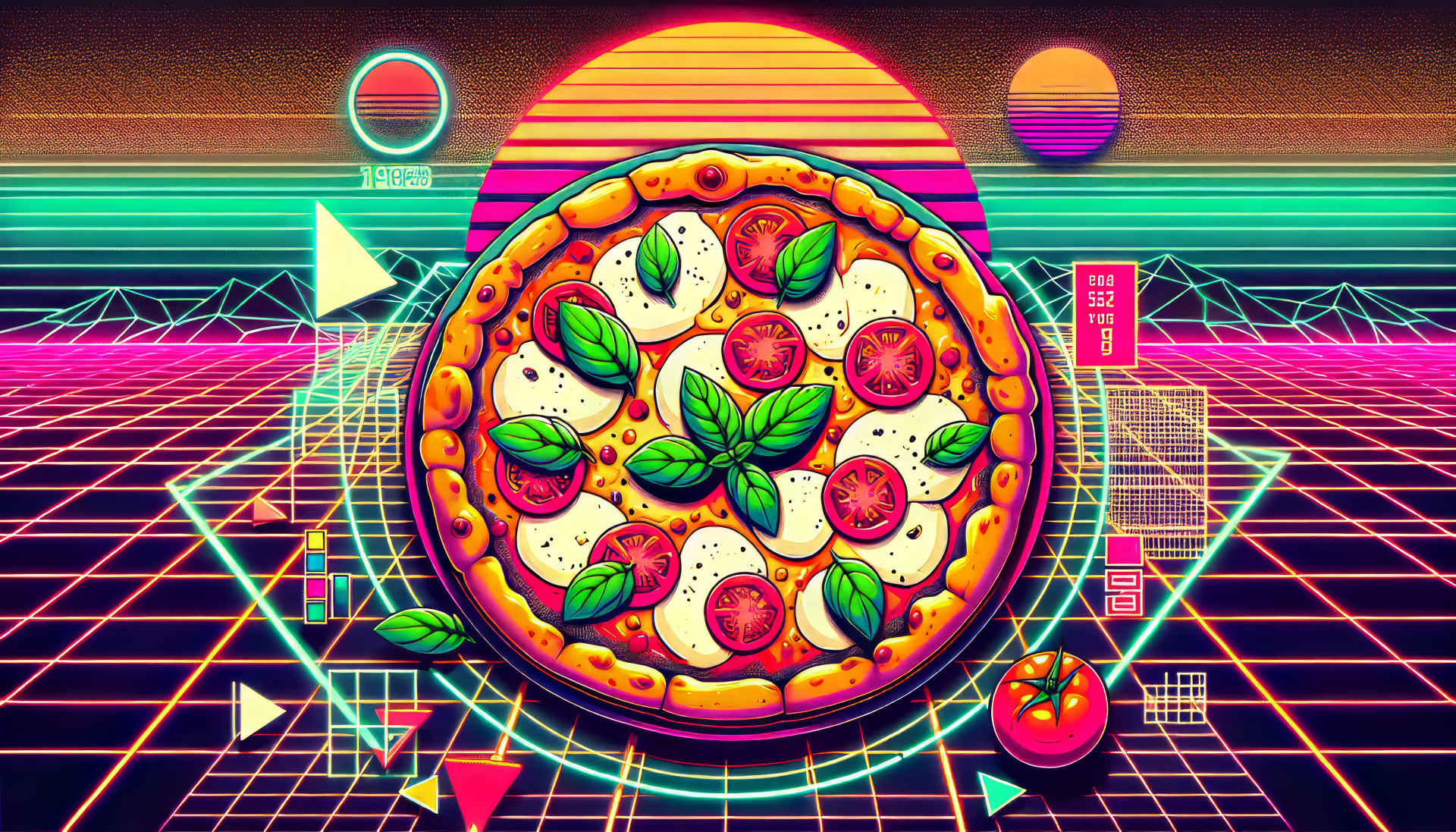 Vibrant HD desktop wallpaper featuring a stylized illustration of a margherita pizza on a retro-futuristic 80s grid background.