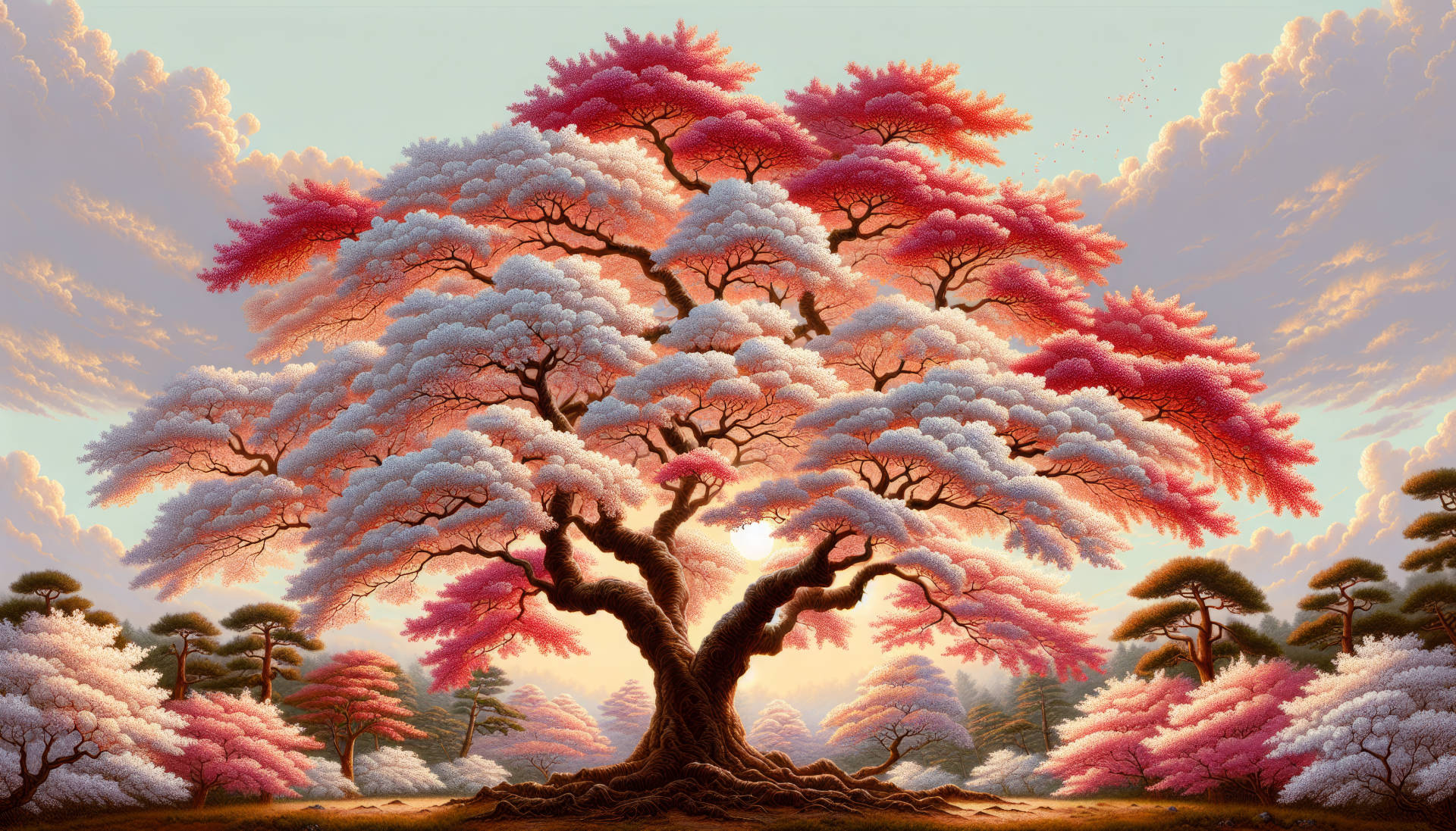 HD desktop wallpaper featuring a majestic cherry blossom tree with pink and white blossoms against a serene sunrise sky.