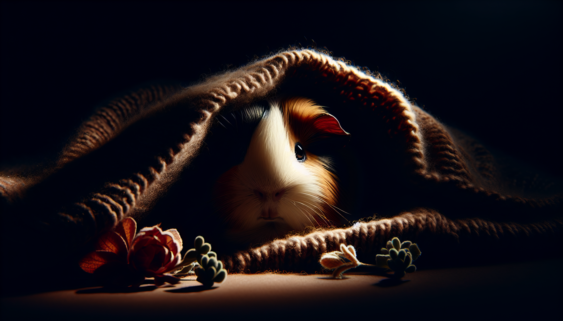 HD desktop wallpaper featuring a guinea pig peeking out from under a cozy blanket with soft lighting and delicate flowers.