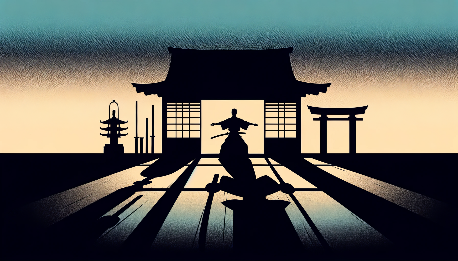 Silhouette of a martial artist practicing in a dojo at sunset, HD wallpaper.