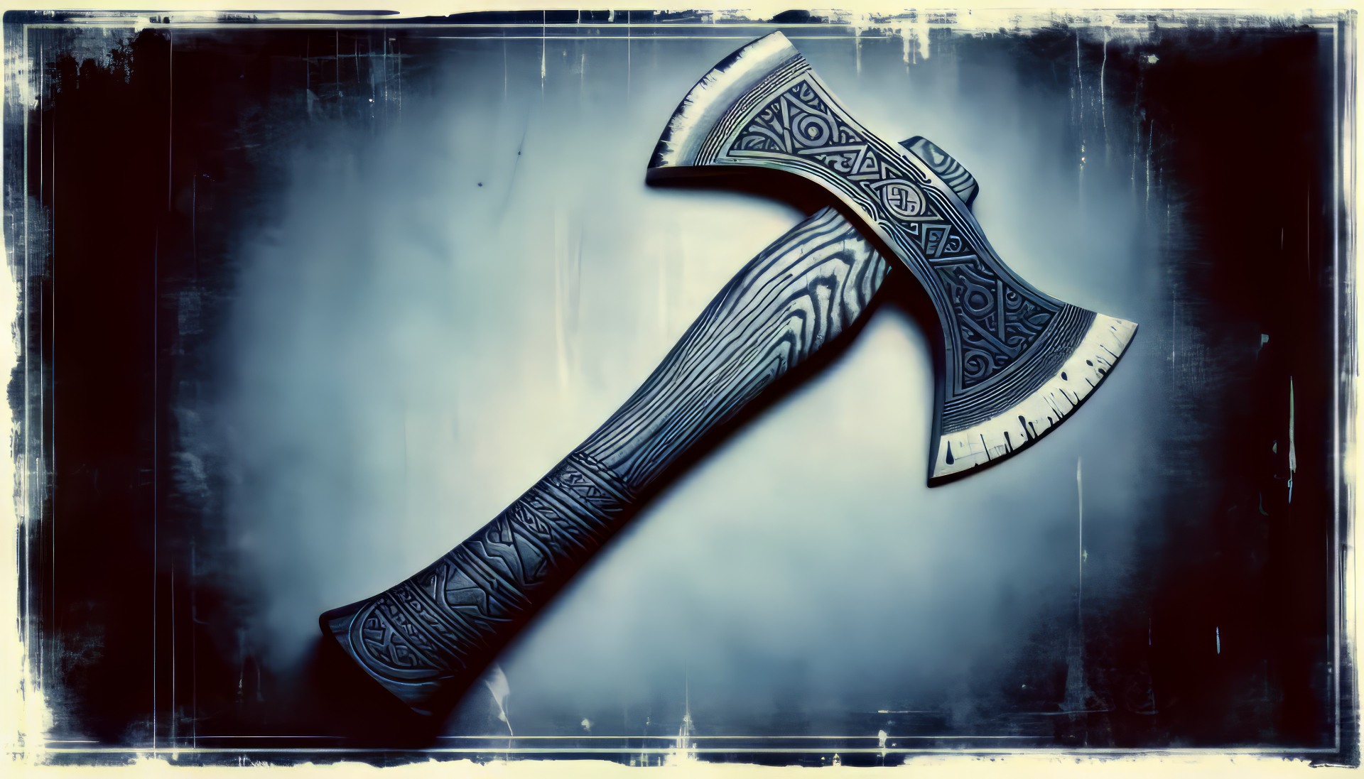 HD desktop wallpaper featuring a decorative axe with intricate designs on a moody, dark blue background.