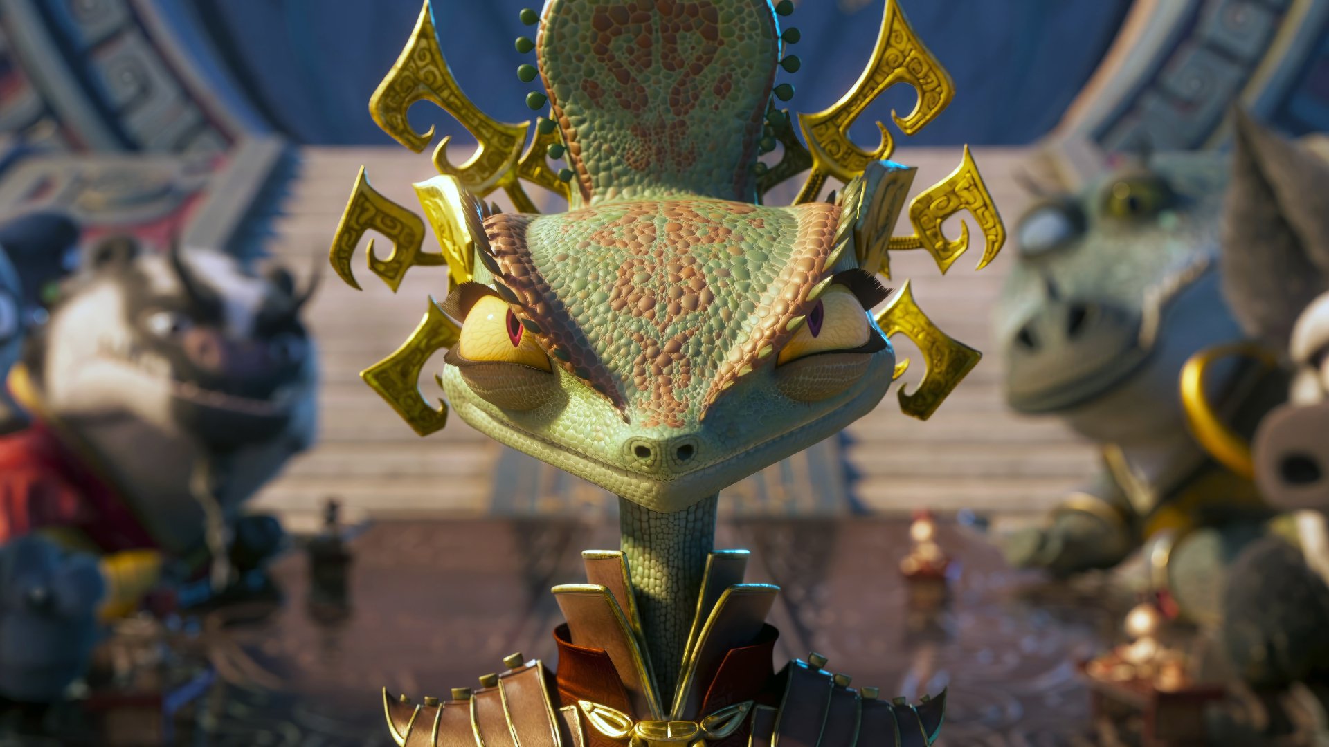 A vibrant HD desktop wallpaper featuring a character from Kung Fu Panda 4, showcasing detailed animation and a captivating scene with other characters in the background.