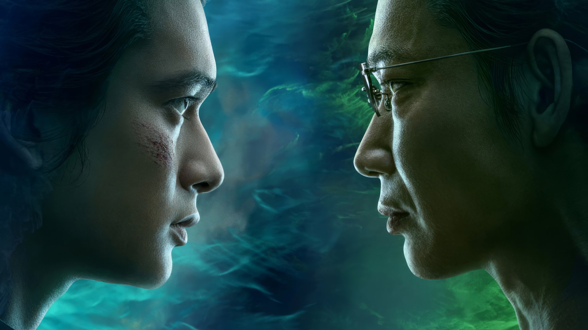 HD wallpaper featuring a close-up of two intense characters from the 2023 adaptation of Yu Yu Hakusho TV show, set against a mystical blue and green background.