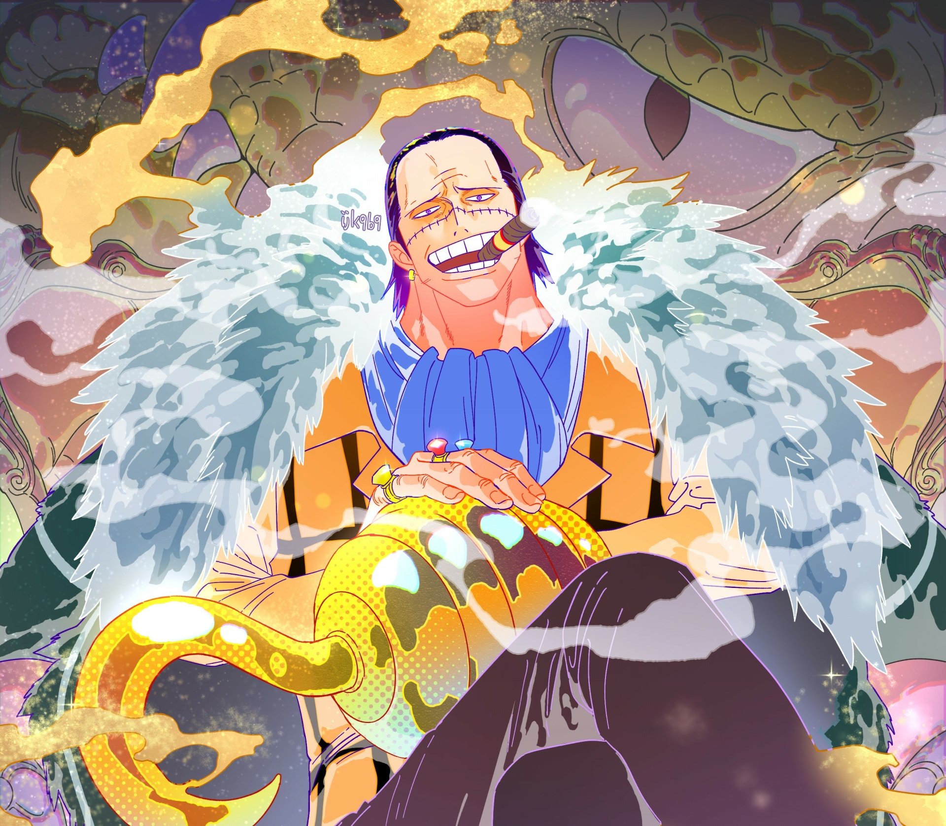 HD anime desktop wallpaper featuring Crocodile from One Piece with his signature fur coat and confident smile, holding a golden snake.