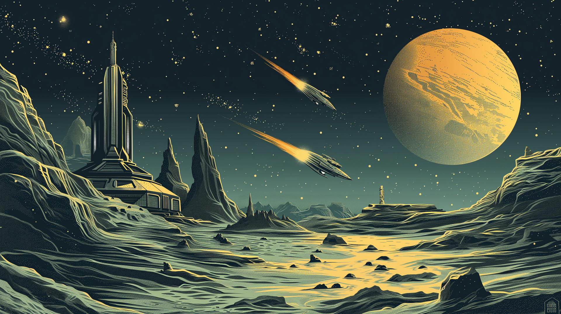 HD desktop wallpaper of a sci-fi space station on an alien planet with rocky terrain, meteors, and a large moon in the background.