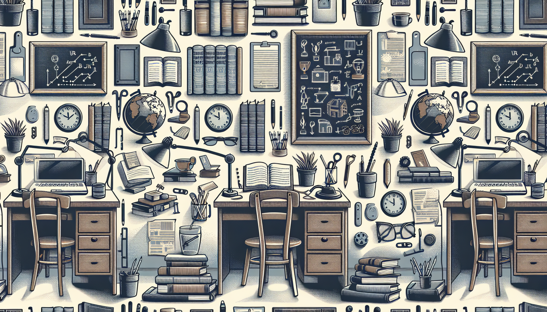 HD desktop wallpaper featuring a study-themed pattern with illustrated desks, books, globes, and educational supplies in a vintage style.