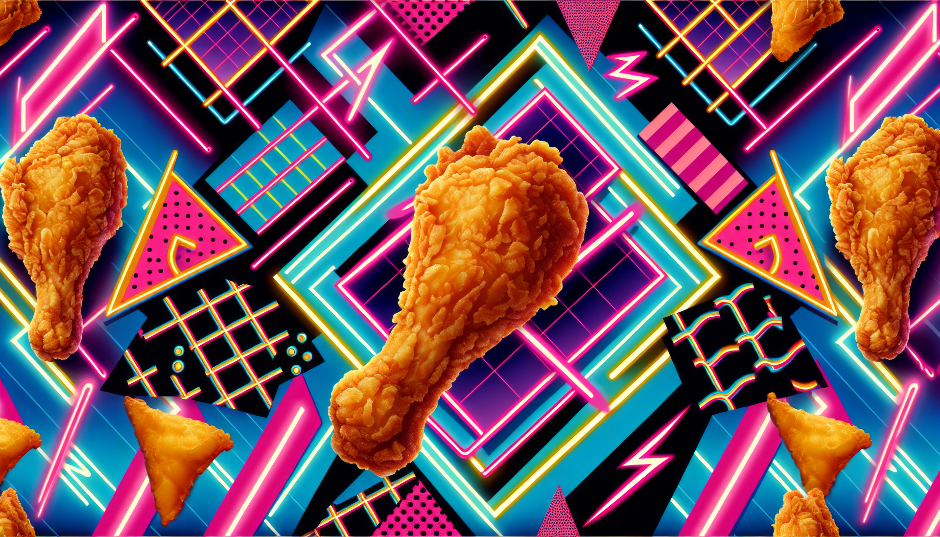 Vibrant HD desktop wallpaper featuring crispy fried chicken against a dynamic, artful background of neon colors and geometric shapes, creating a playful food-themed visual.