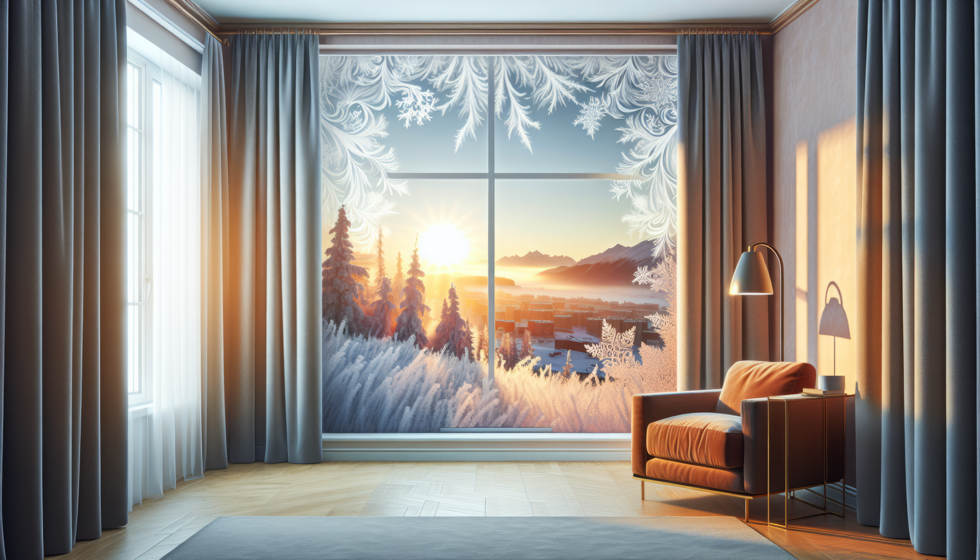 HD desktop wallpaper featuring a frosty window with intricate ice patterns, overlooking a serene winter landscape at sunrise, in a cozy room with stylish decor.