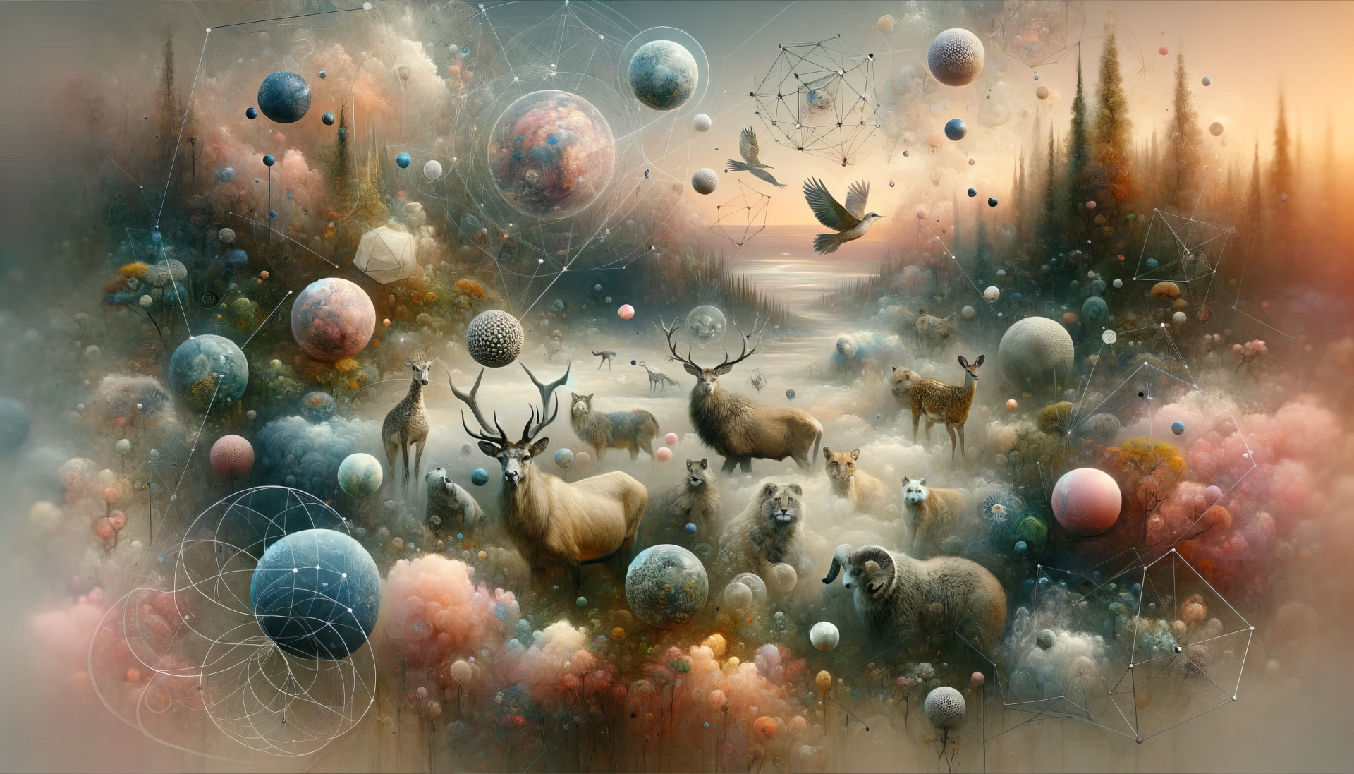 A stunning HD desktop wallpaper depicting wildlife amidst an ethereal landscape filled with floating planets and abstract shapes, blending nature with cosmic elements.