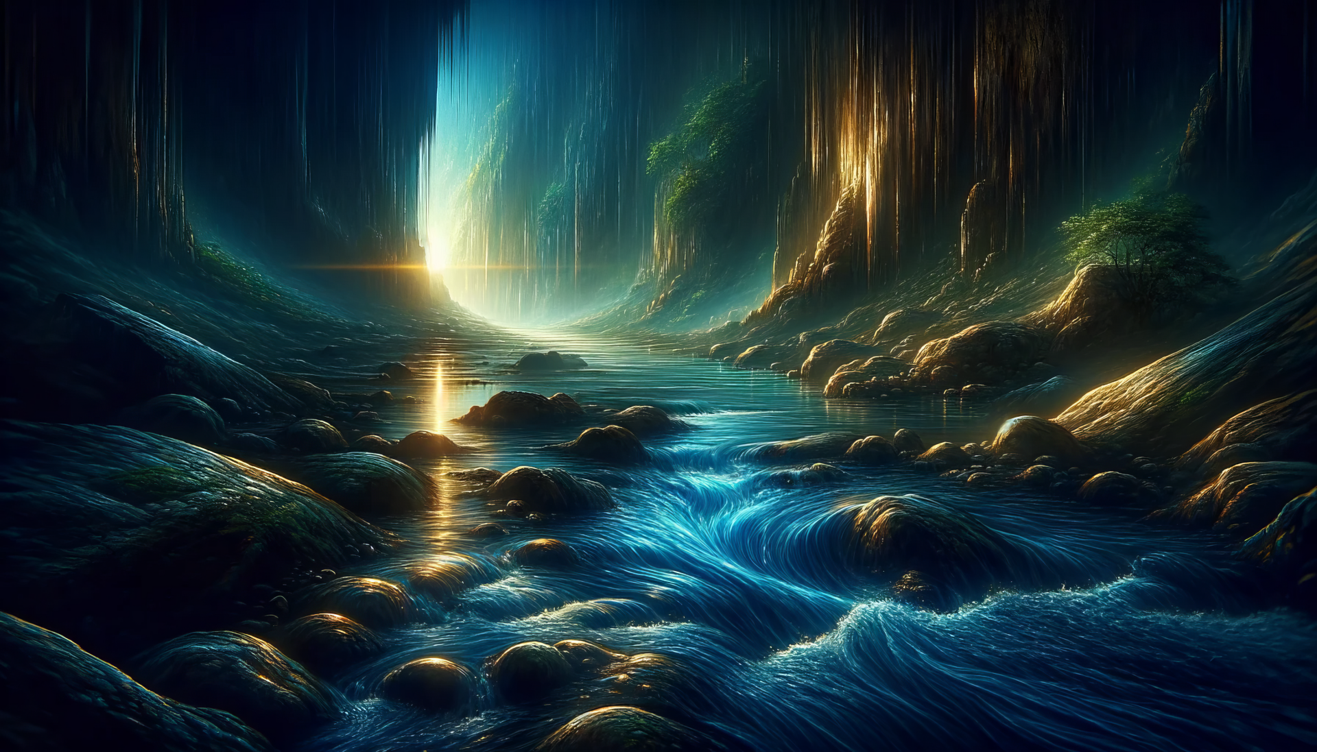 HD wallpaper featuring a mesmerizing underground river flowing through a cave, with ethereal light illuminating the scene and creating a tranquil atmosphere.
