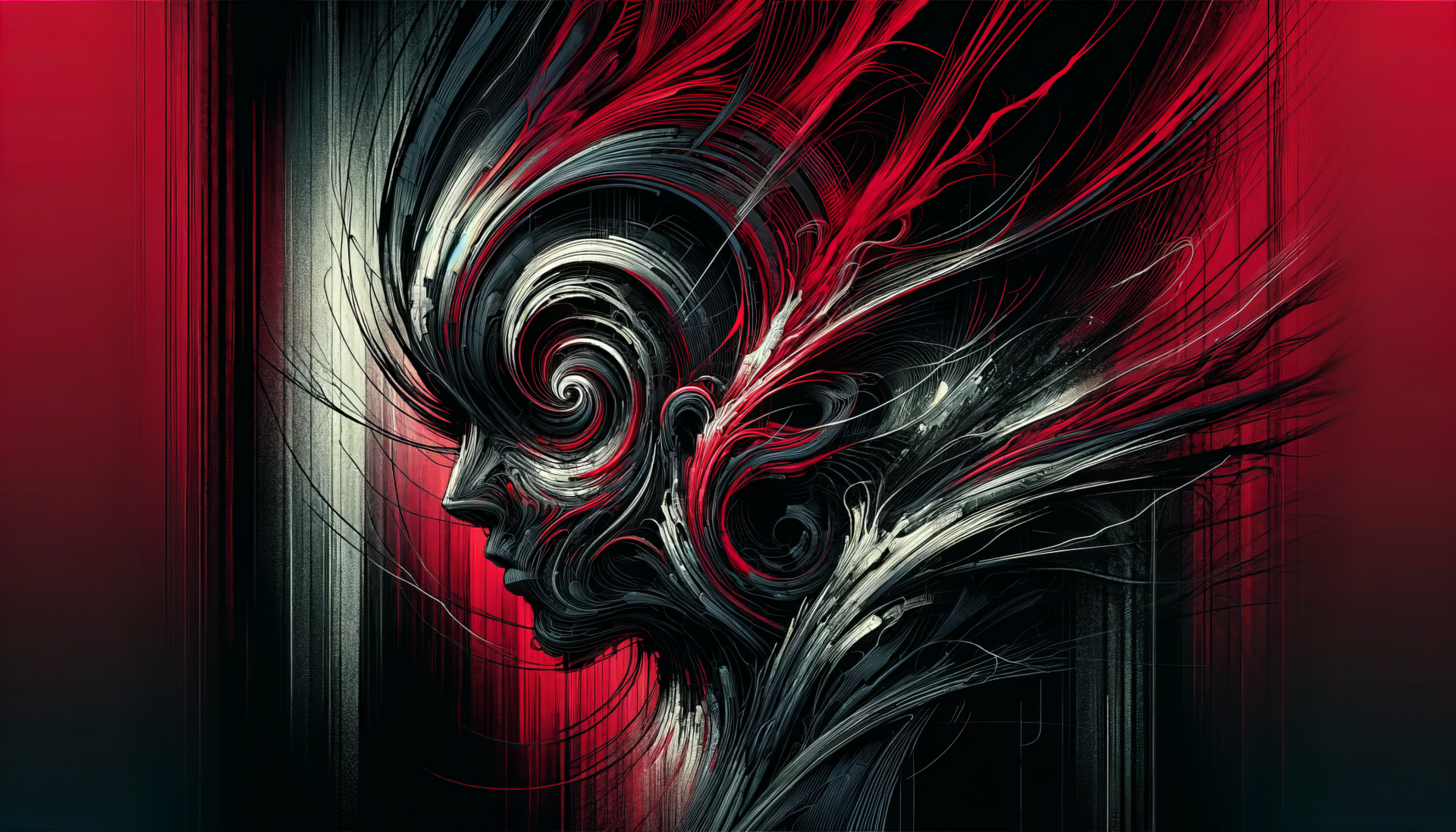 HD desktop wallpaper depicting an abstract design of swirling lines around a stylized face, evoking a sense of stress with striking red and black colors.