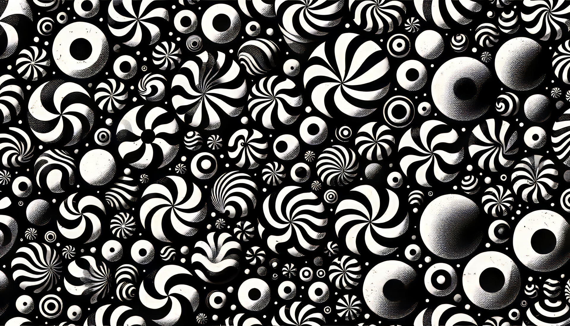 HD Peppermint-themed desktop wallpaper with a black and white swirling candy pattern background.