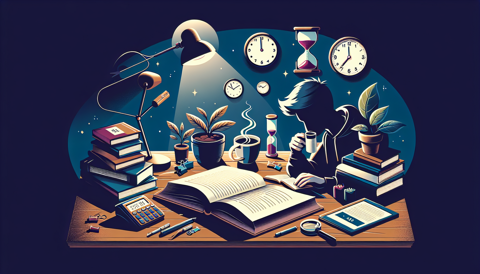 HD desktop wallpaper featuring an artistic depiction of a study scene with books, a desk lamp, clocks, a sand timer, and a focused individual immersed in exam preparation, in a soothing color palette.