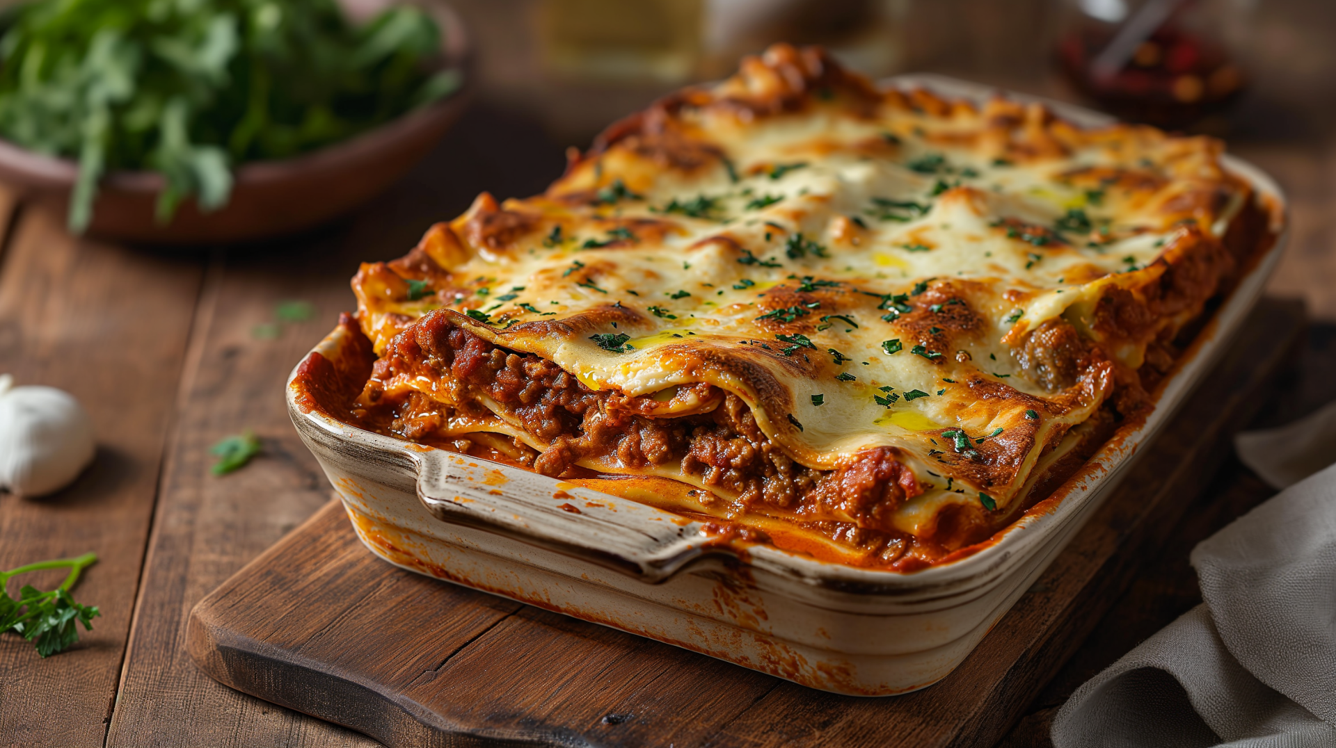 A delicious, freshly baked lasagna topped with melted cheese, served in a rustic dish on a wooden table, making for an inviting food-themed HD desktop wallpaper.