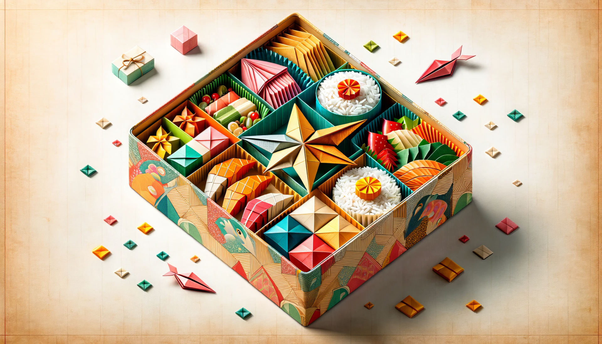 Colorful origami bento box HD wallpaper featuring an array of intricate paper designs on a textured background.