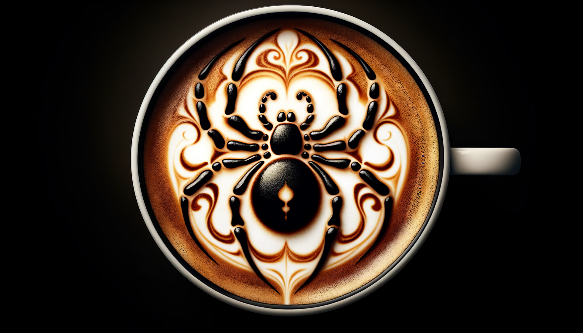 HD desktop wallpaper of a latte with intricate black widow spider art.