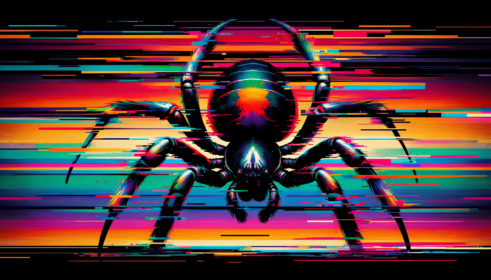 HD desktop wallpaper featuring a stylized image of a black widow spider set against a vibrant glitch art background.