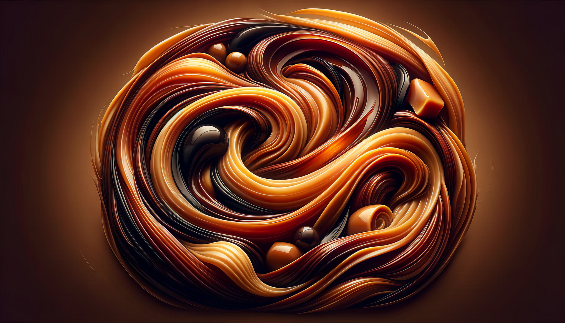 HD desktop wallpaper featuring an abstract swirl design in toffee brown and caramel colors.