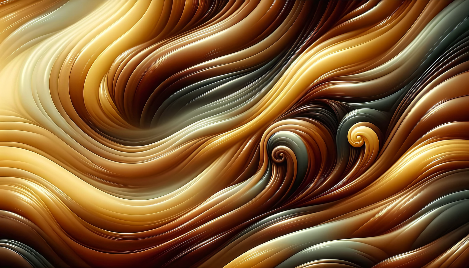 HD desktop wallpaper featuring swirling toffee-inspired abstract design with warm brown, gold, and caramel tones.