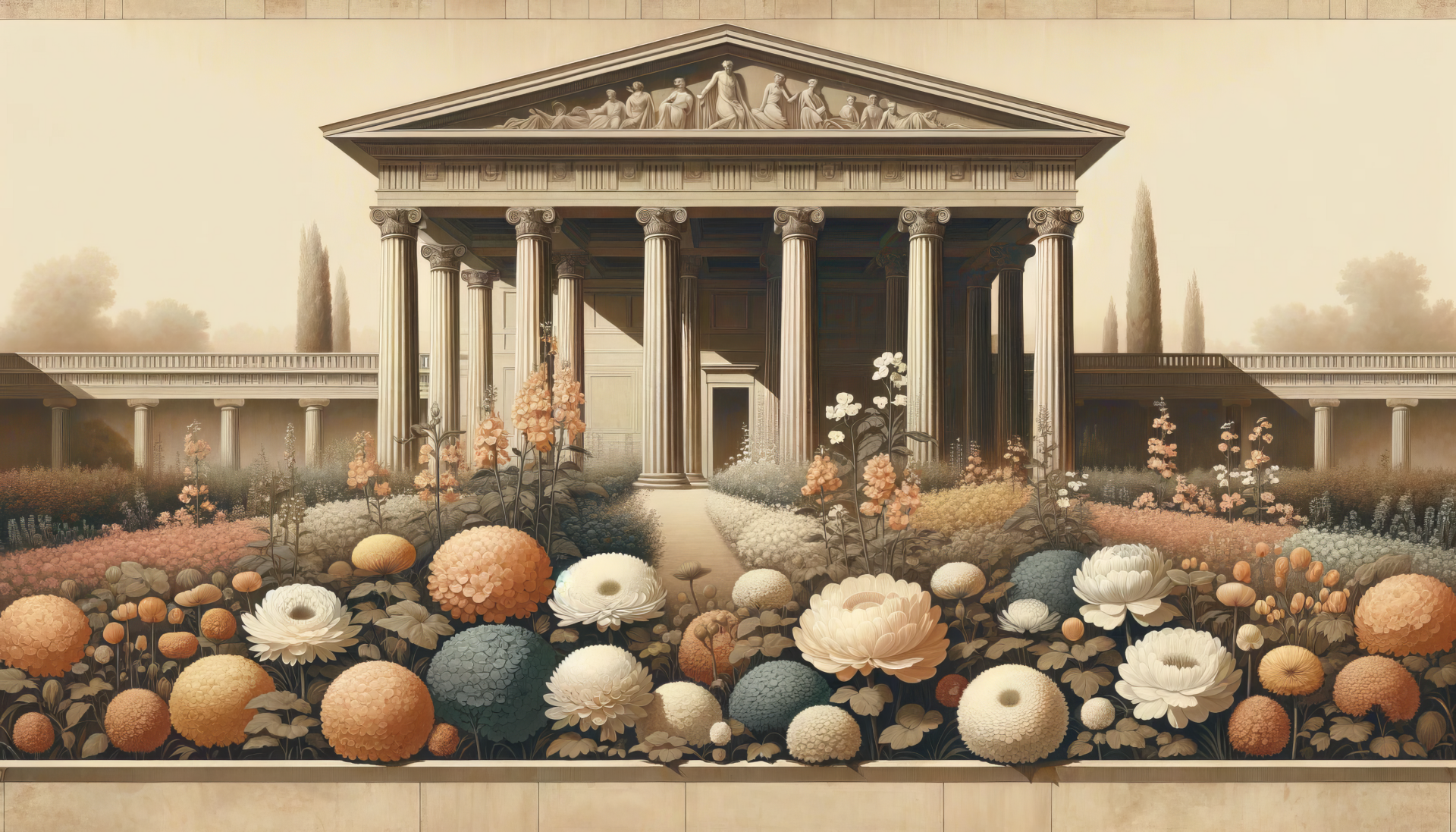 HD wallpaper featuring an artistic rendition of a lush flower garden bed in front of a neoclassical building with intricate friezes.