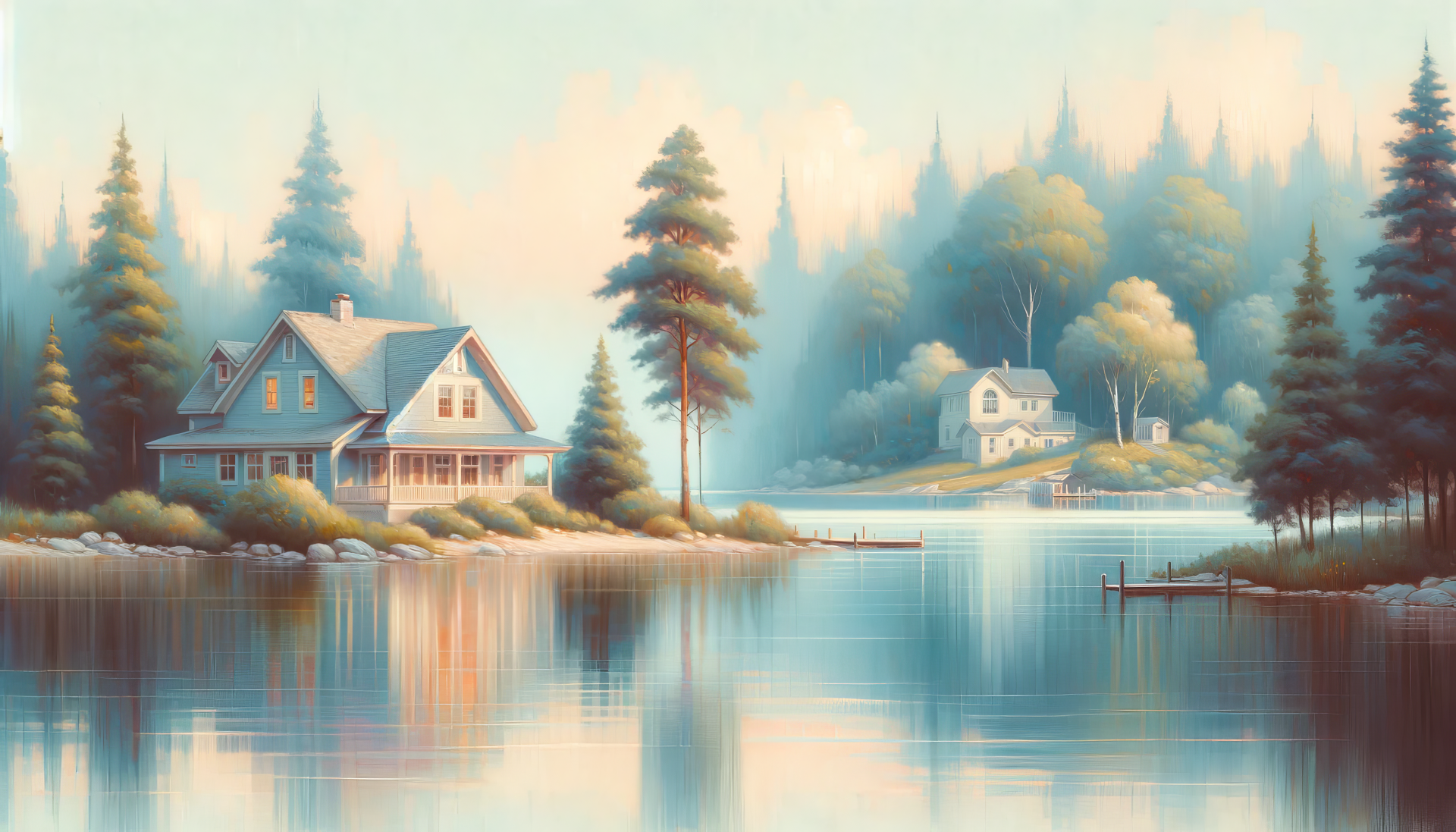 HD Wallpaper of serene lake houses surrounded by pine trees with a misty forest background.