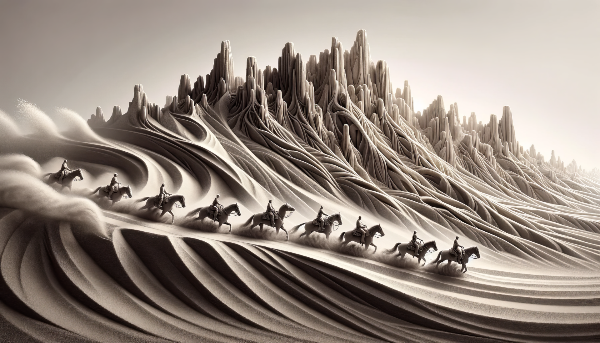 Horseback riders traversing surreal sepia-toned landscape, HD wallpaper.