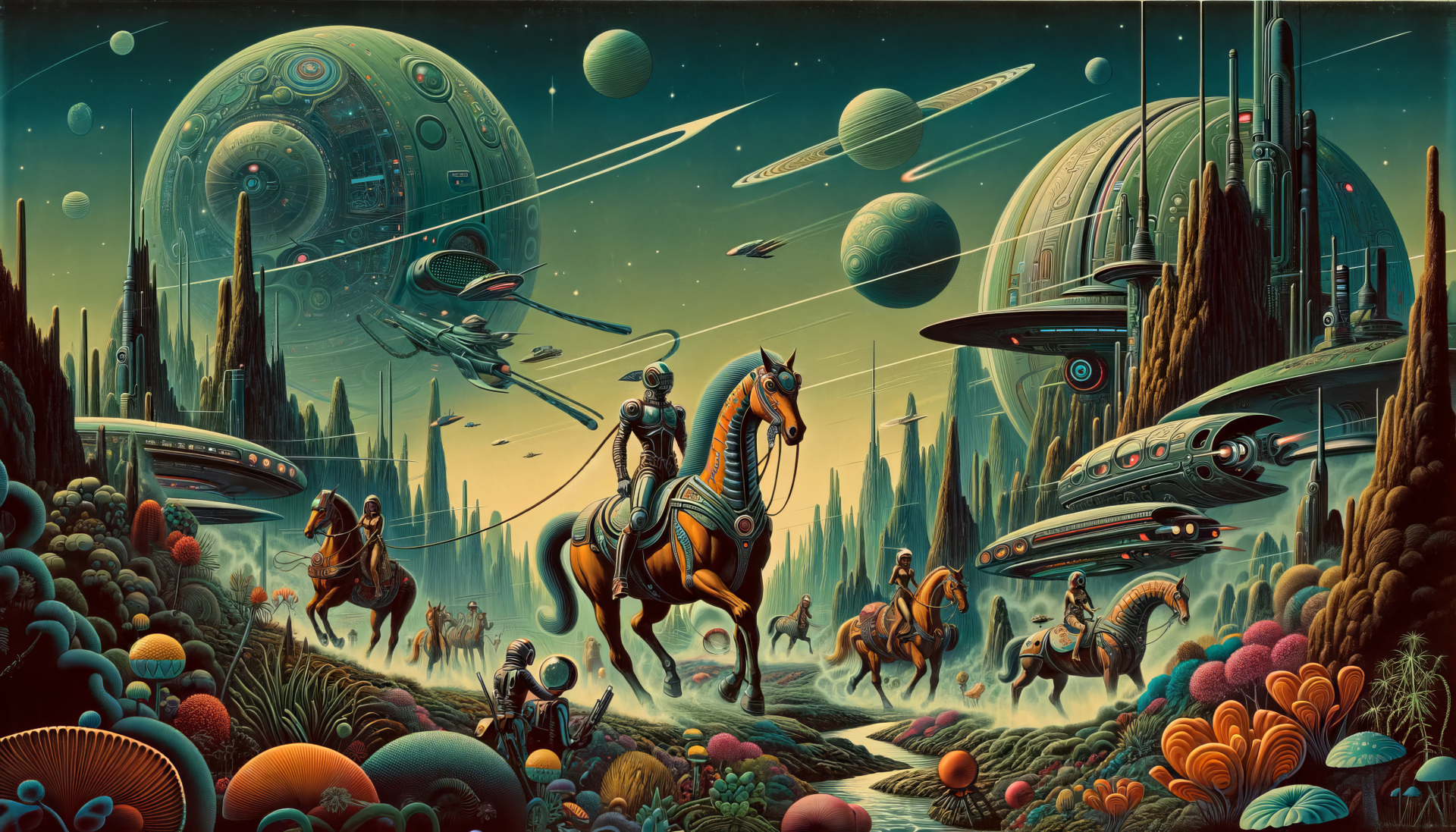 Fantasy HD desktop wallpaper featuring a surreal scene of horseback riders on an alien planet with futuristic spaceships and celestial bodies in the background.