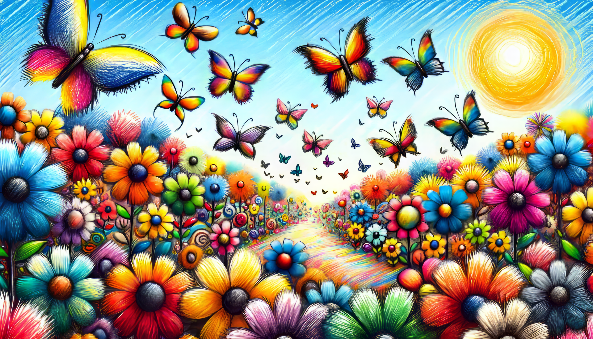 A vibrant butterfly garden filled with colorful flowers and butterflies under a bright blue sky, creating a stunning HD desktop wallpaper and background.