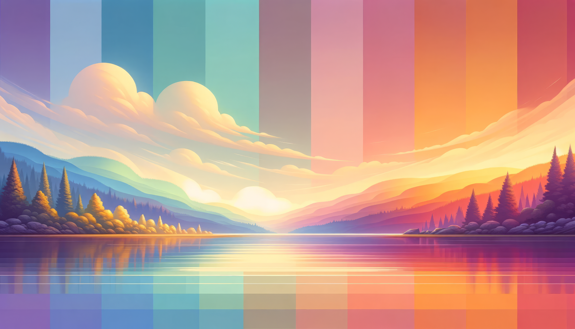 Colorful HD inspirational landscape wallpaper featuring serene lake, sunrise, and forest.