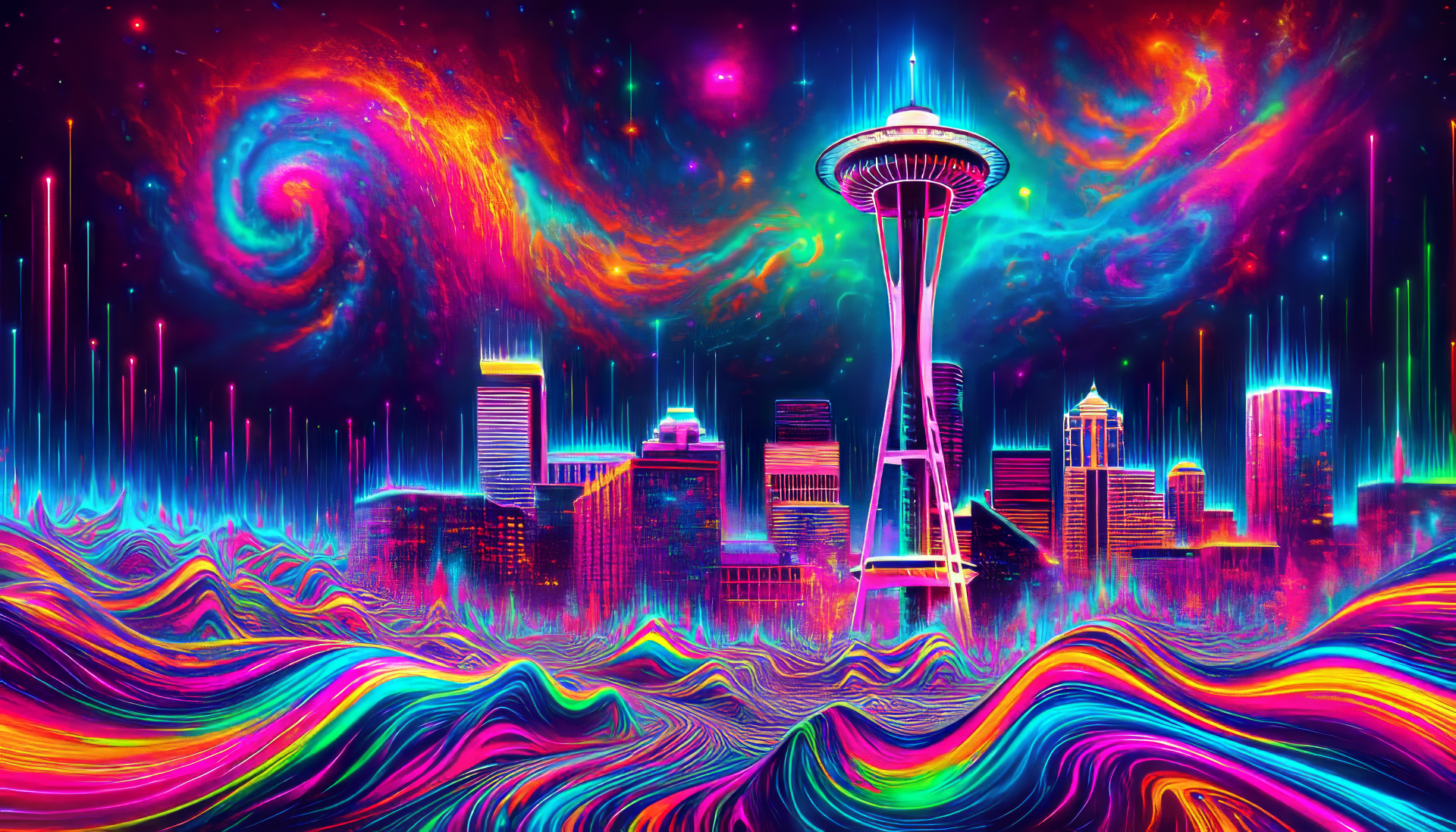 HD desktop wallpaper featuring a vibrant, psychedelic rendition of the Space Needle set against a dynamic cosmic backdrop.