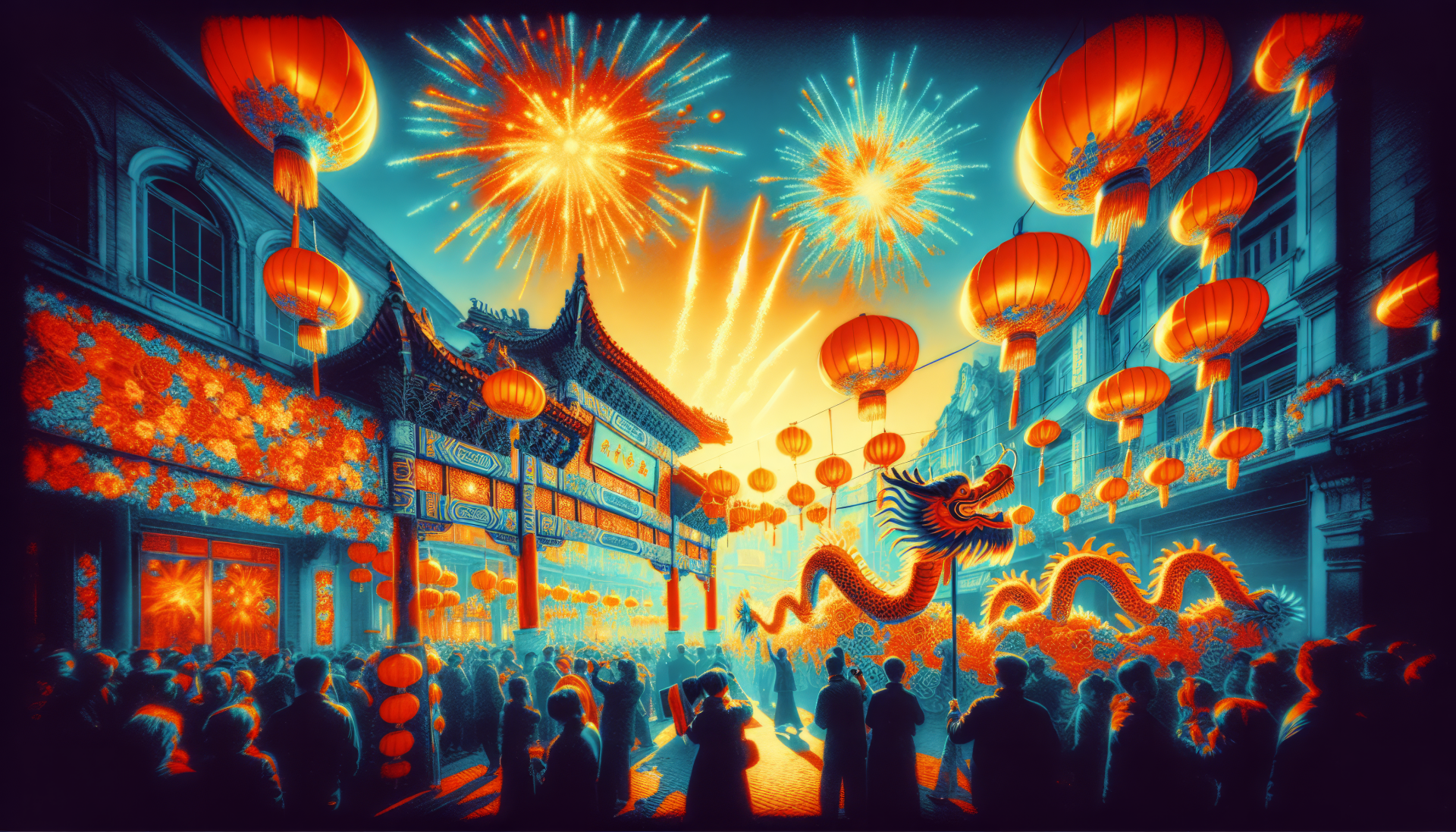 Vibrant Chinese New Year celebration HD wallpaper with fireworks, traditional lanterns, and a dragon dance amidst a bustling street crowd.