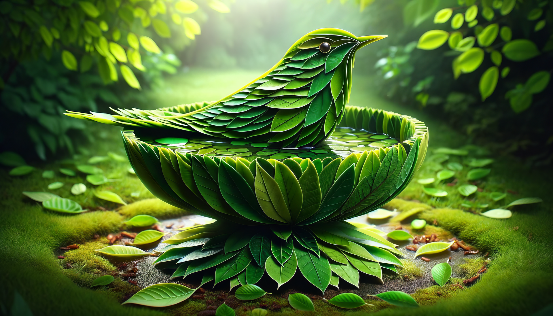 Artistic HD wallpaper featuring a bird-shaped bird bath made of green leaves in a serene forest setting.
