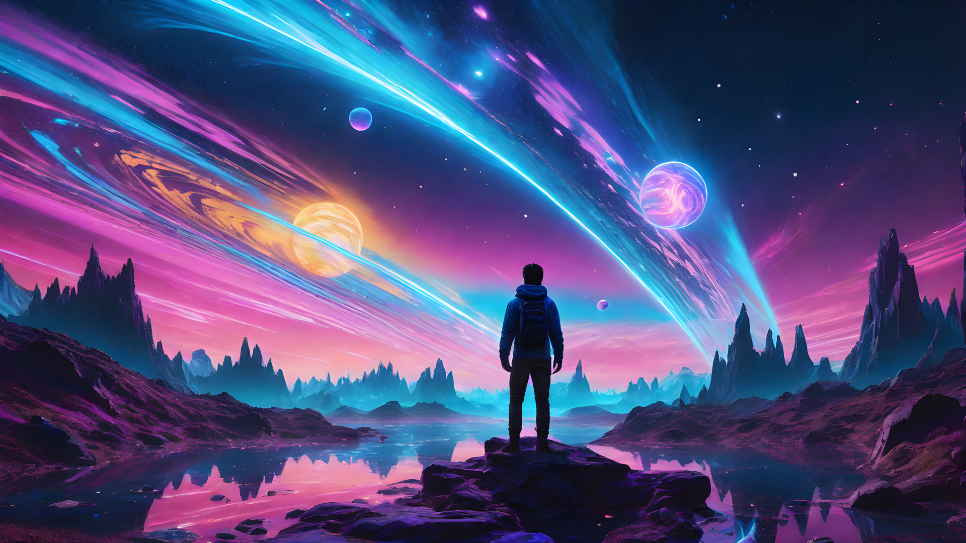 A psychedelic, colorful night landscape on an alien planet with vibrant celestial bodies and a silhouetted figure, rendered in stunning 4K Ultra HD.