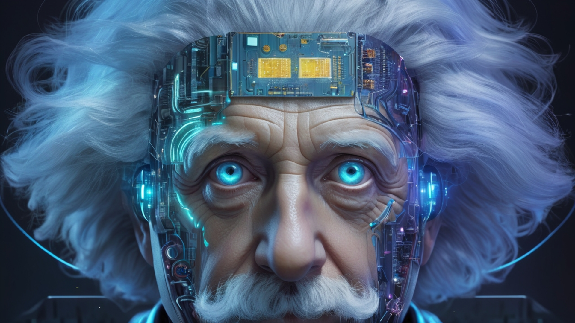 Cyberpunk-themed HD desktop wallpaper featuring Albert Einstein with futuristic technology integrated into his face and glowing blue eyes.