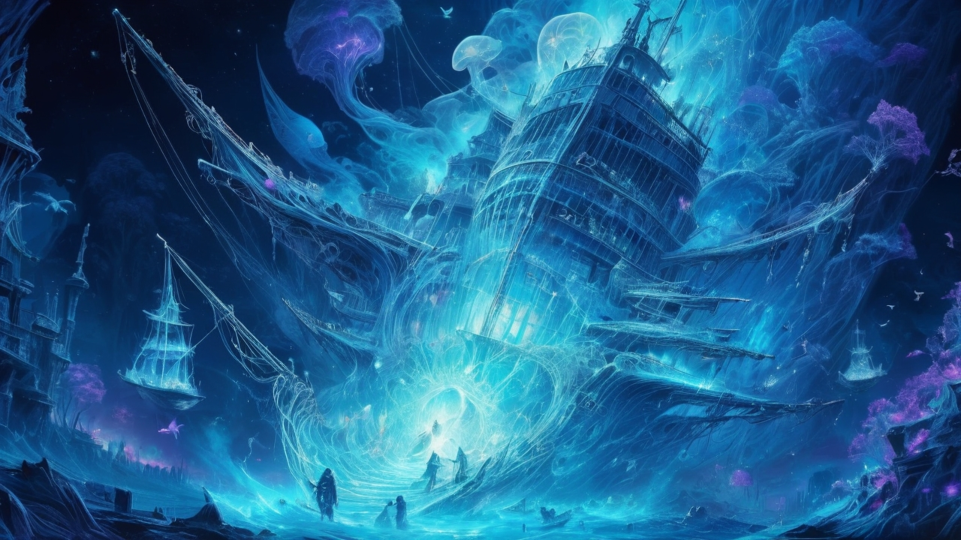 HD PC desktop wallpaper/background: a glowing blue ghost ship submerged underwater, haloed by luminescent jellyfish and swirling currents.