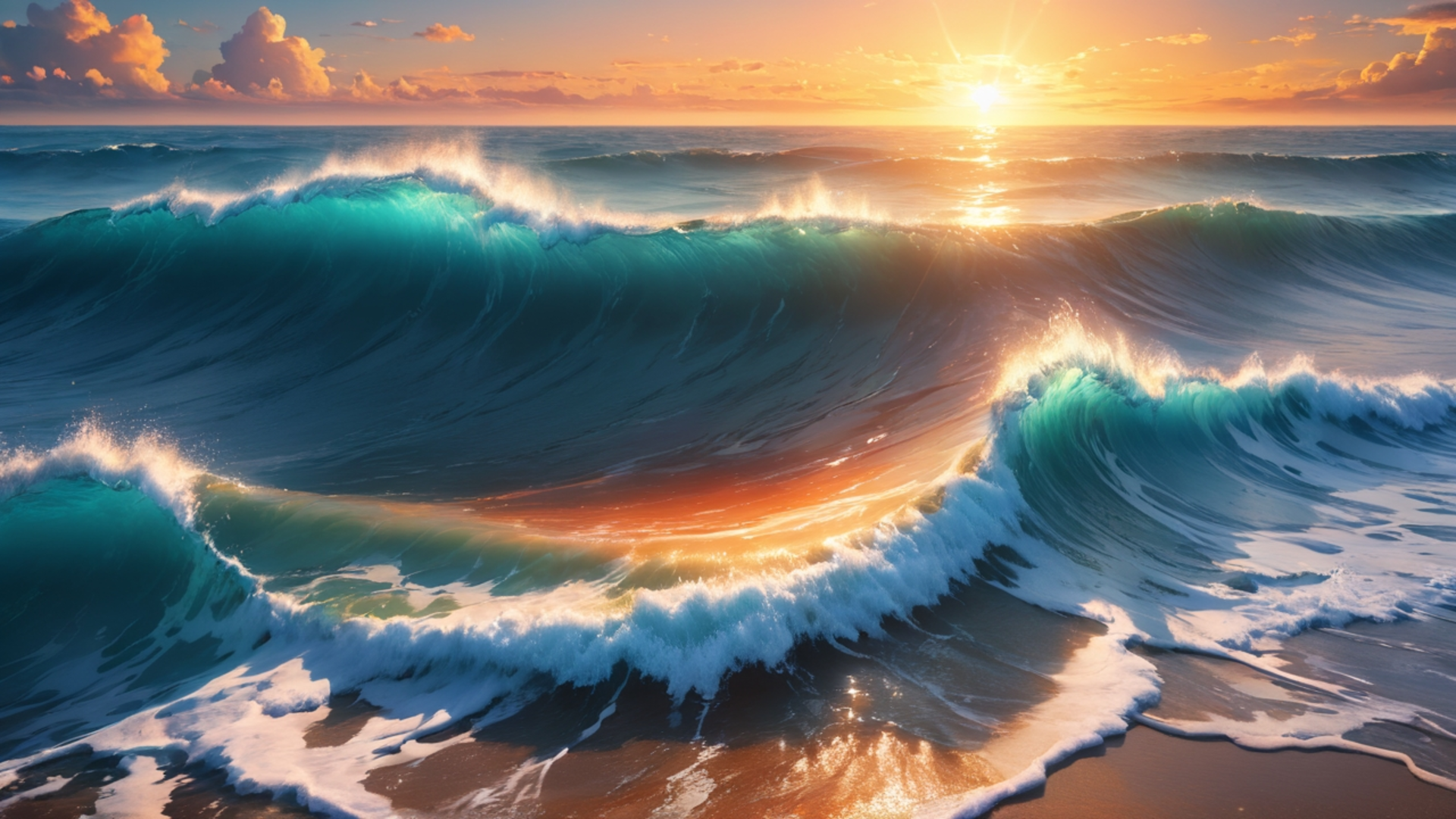 HD PC desktop wallpaper/background: sunset over the ocean with towering teal waves, foamy surf and warm golden reflections glittering across the sea.
