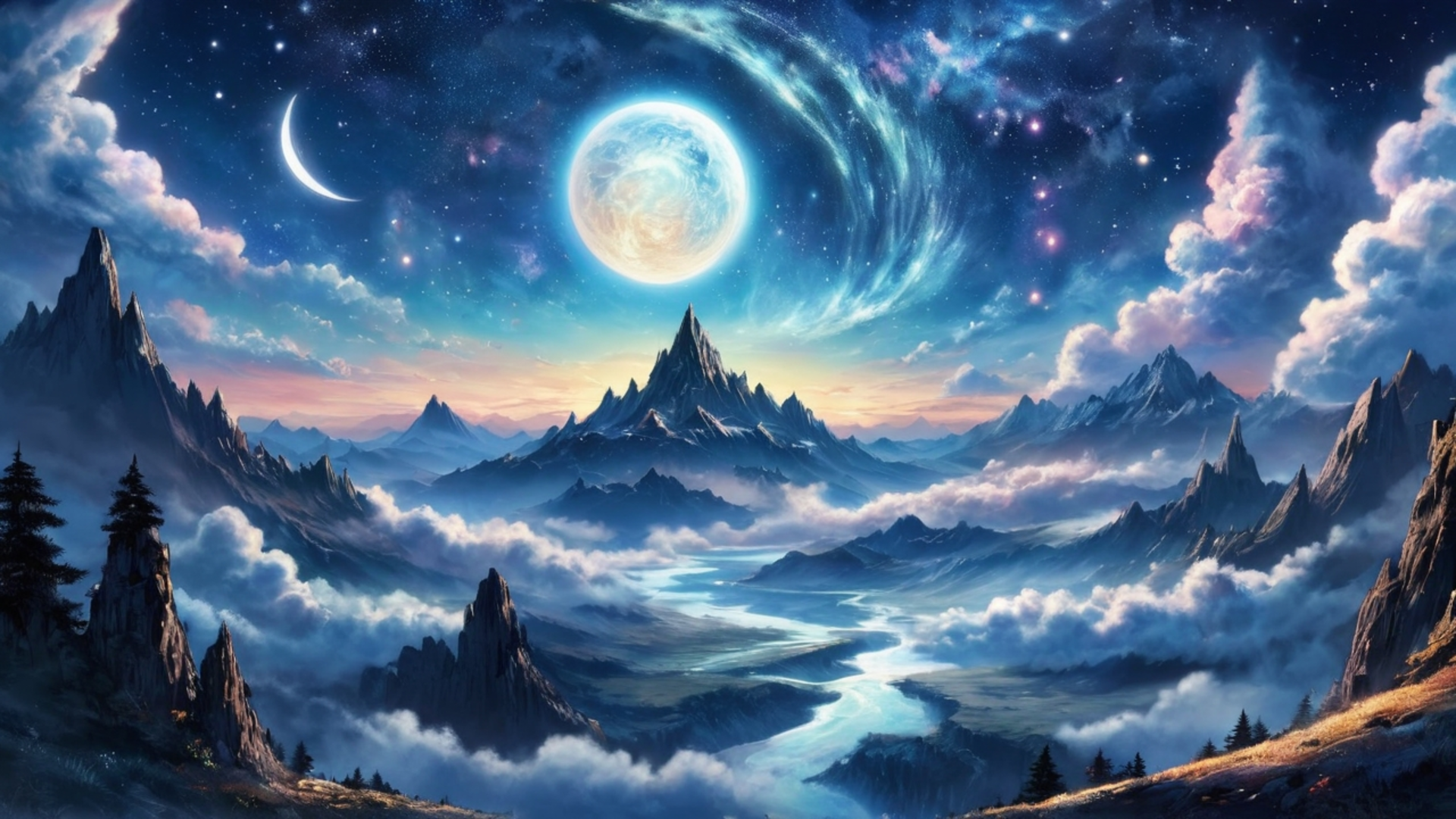 HD desktop wallpaper showing a surreal night sky with a glowing planet above jagged mountains surrounded by swirling clouds and stars in space.