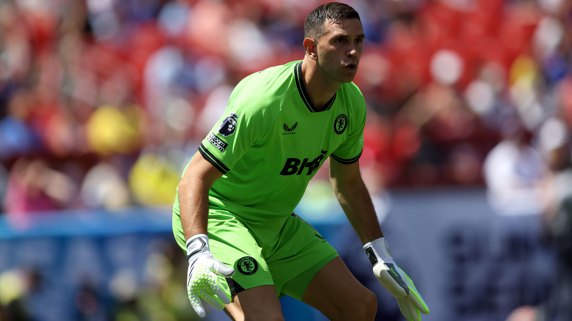 Soccer goalkeeper in green jersey ready for action on the field, HD desktop wallpaper and background.