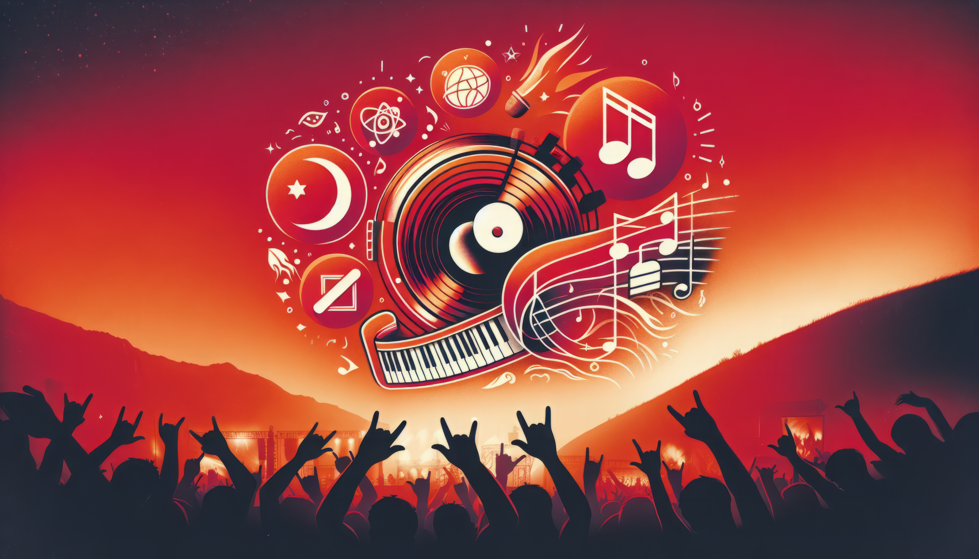 Creative music-themed HD wallpaper featuring vibrant concert silhouette with abstract musical elements and warm sunset background.