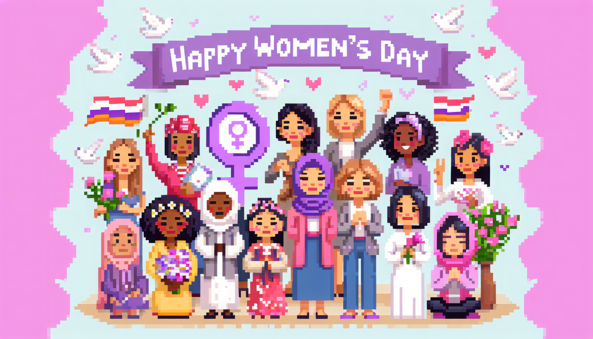 Happy Women's Day illustrated HD desktop wallpaper featuring diverse animated women characters celebrating with flowers and symbols of female empowerment.