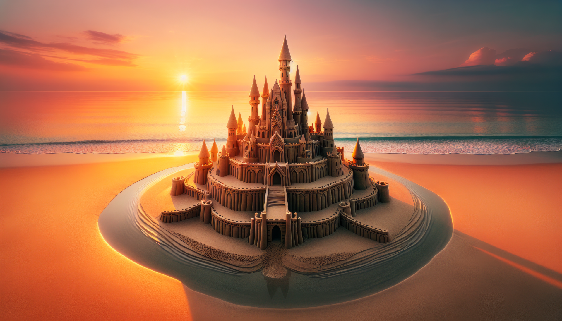 A stunning sandcastle towers against a vibrant sunset, reflecting on calm ocean waters, making for an enchanting HD desktop wallpaper.