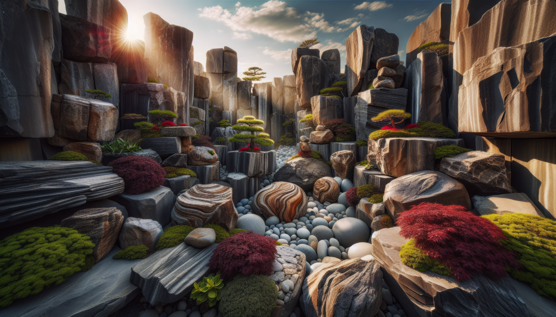 A serene rock garden scene featuring vibrant vegetation, smooth pebbles, and towering rocks, illuminated by soft sunlight, creating a stunning HD desktop wallpaper and background.