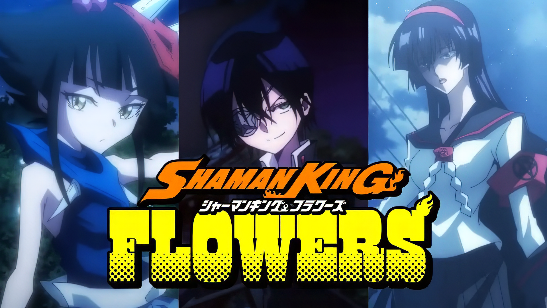 HD desktop wallpaper featuring characters from the anime Shaman King Flowers with the series logo prominently displayed.
