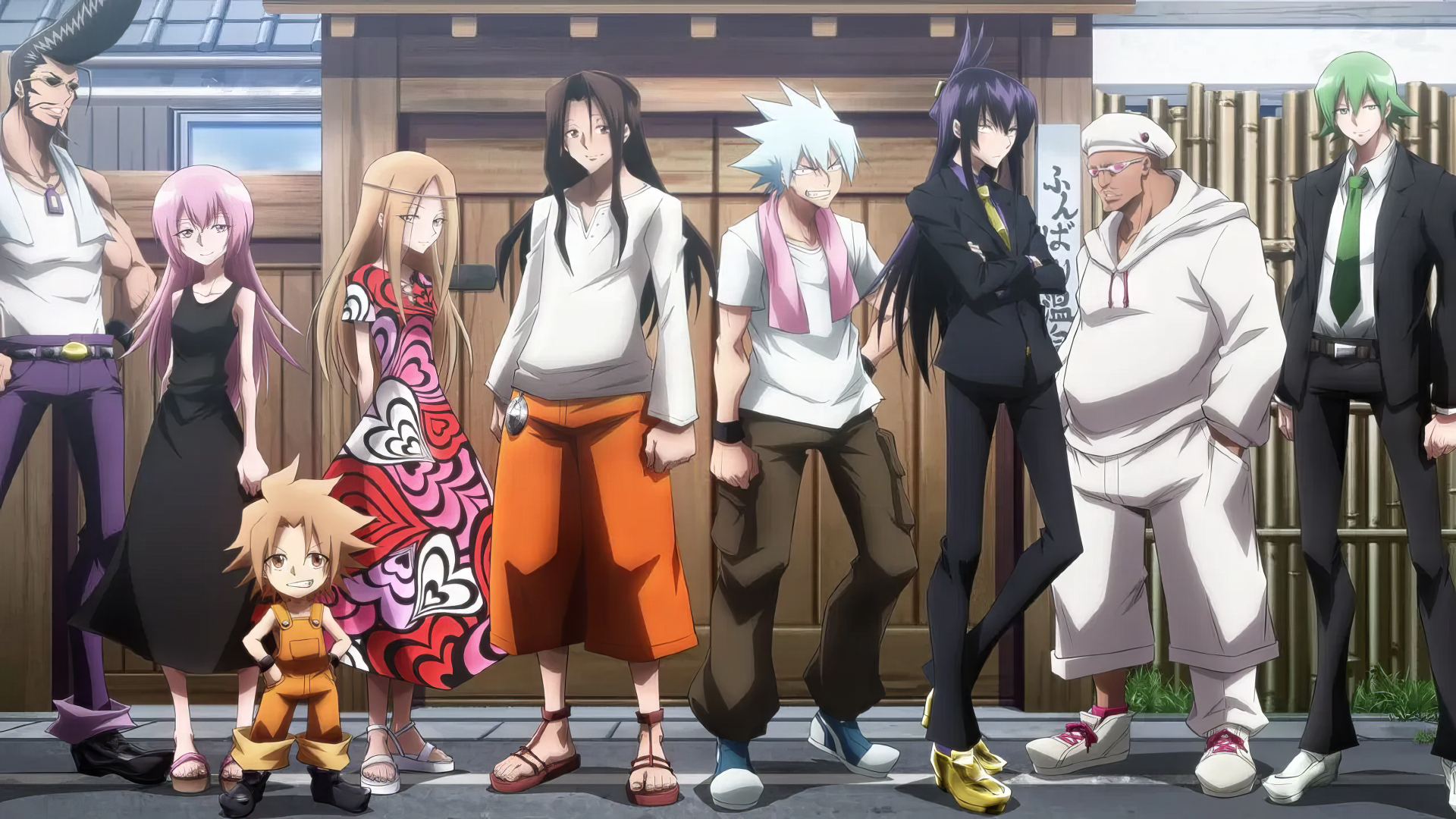 HD desktop wallpaper featuring characters from Shaman King Flowers anime lined up against a traditional Japanese backdrop.