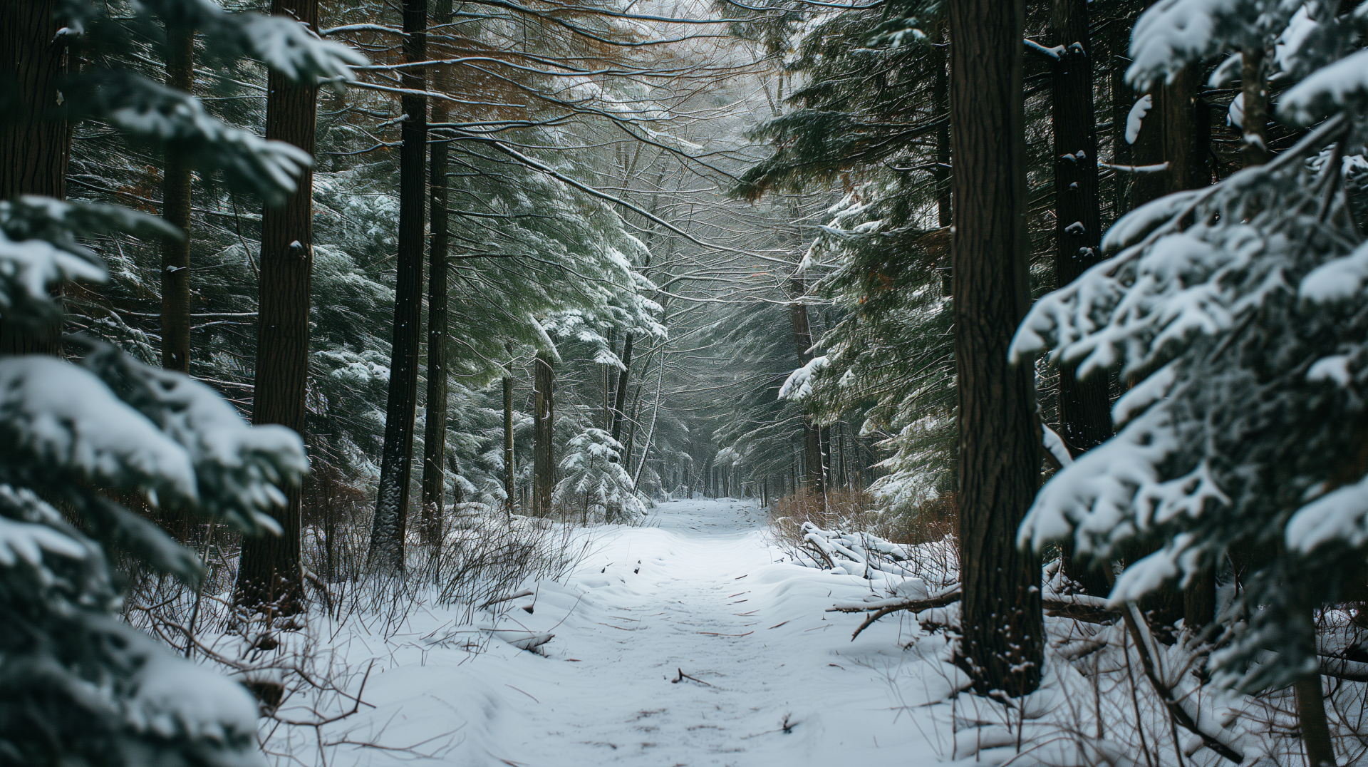 HD desktop wallpaper featuring a tranquil snowy forest path in winter, with snow-covered trees framing the serene scene.